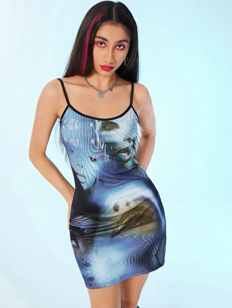 

figure graphic ruched backless cami dress 174k#, Black;gray