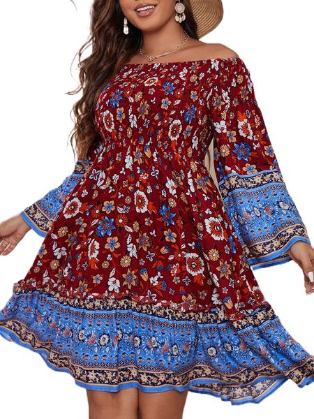 

plus floral print off shoulder shirred frill trim dress j9cd#, Black