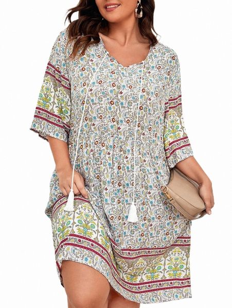 

plus ditsy floral tie front tassel detail smock dress f9gy#, Black