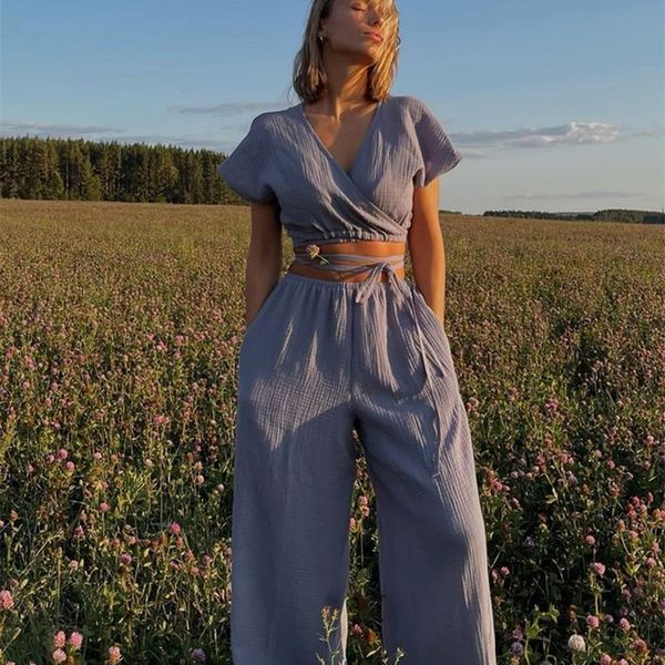 

clacive short sleeve lace-up two piece set women summer bodycon cotton pants lady elegant high wiast trouser suits 220509, White
