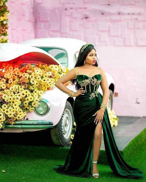 

emerald green african prom party dresses slit sweetheart arabic aso ebi velvet plus size evening occasion gowns, Black