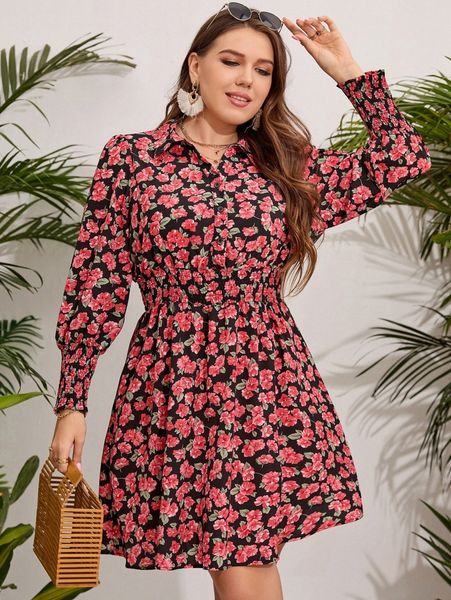 

plus allover floral print shirred lantern sleeve shirt dress u7vi#, Black