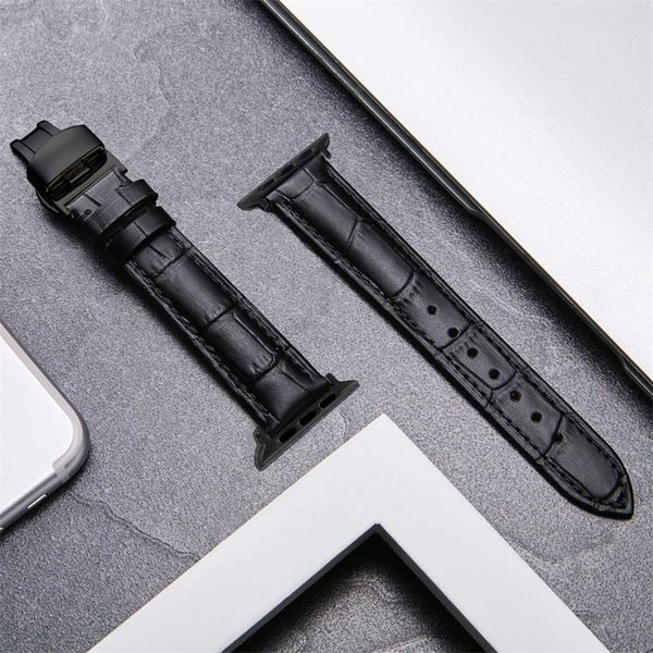 

butterfly buckle leather strap for watch 7 6 5 4 se band 44mm 40mm for watch 42mm 38mm 3 2 1 41mm 45mm 220507, Black;brown