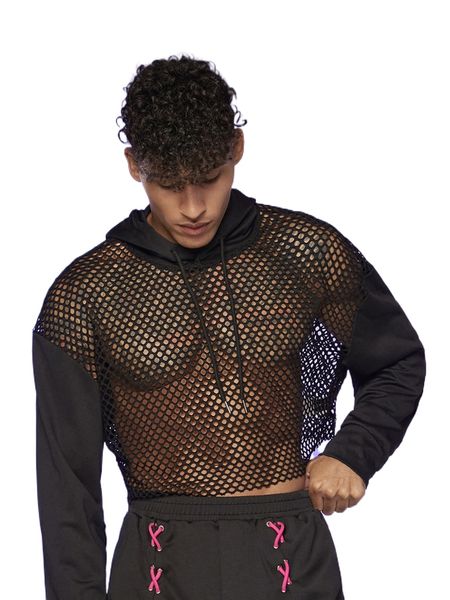 

men fishnet insert drawstring crop hoodie h7b3#, Black