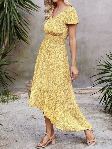 

ditsy floral print tie backless shirred high low hem dress e5vd#, Black;gray