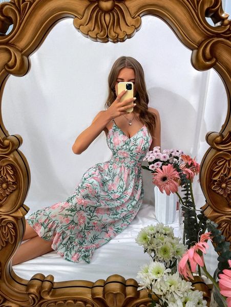 

random floral print ruffle hem cami dress 48l4#, Black;gray