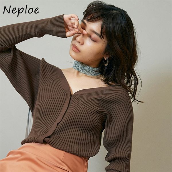 

neploe vintage chic covered button slim fit cardigan 2020 new solid color v-neck coat women autumn winter long sleeve sweaters lj201114, White;black