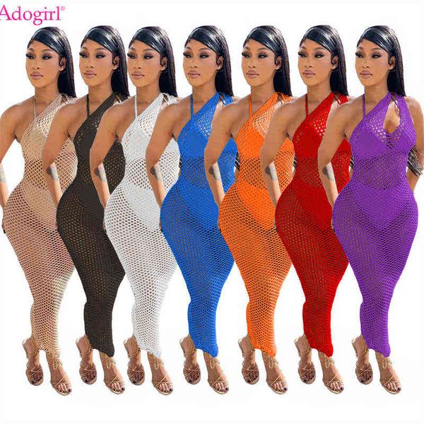

adogirl fishnet beach dresses for women 2022 summer hollow out one shoulder sleeveless knitted mesh long club party robe y220413, Black;gray