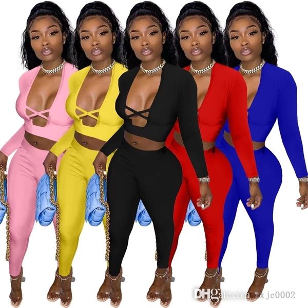 

women two pieces pants sets designer fall clothing slim cross cut long sleeve crop and leggings outfits jogging suits, White