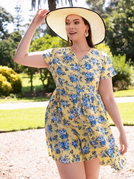 

plus floral print button front dress m66a#, Black