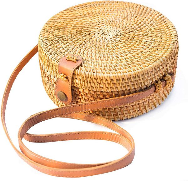 

hand woven round rattan bags strap leather shoulder strap natural chic buckle single oblique cross lady popular bag travel holiday