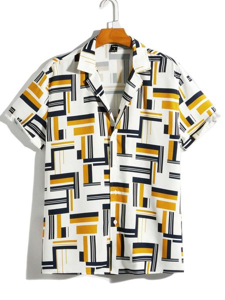 

men geo print lapel neck shirt 33fq#, White;black