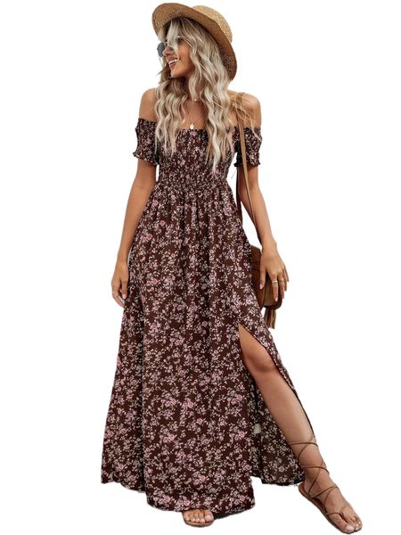 

off shoulder ditsy floral high split dress 76dk#, Black;gray