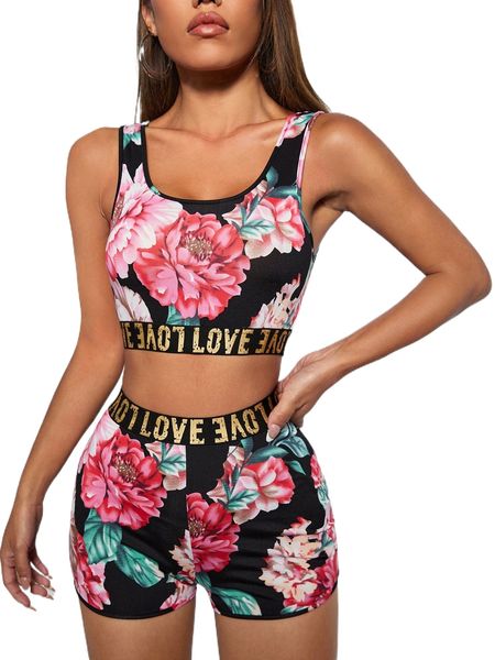 

petite floral & letter graphic contrast tape tank & shorts 84ky#, White