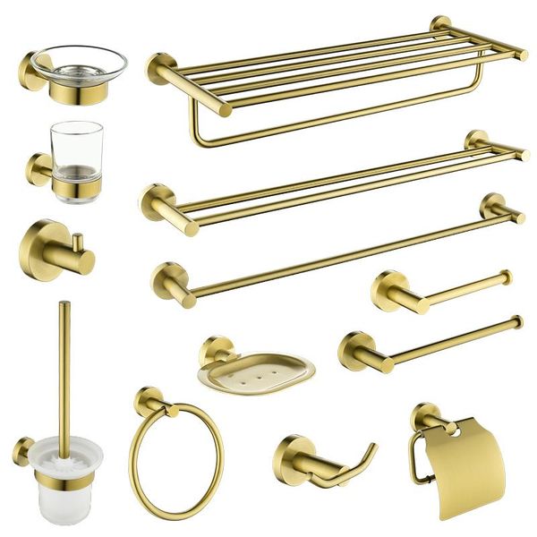 Set di accessori da bagno Accessori da bagno Portasciugamani Mensola Anello in oro spazzolato Appendiabiti Portarotolo a parete Scopino per WC Gancio per accappatoioBagno