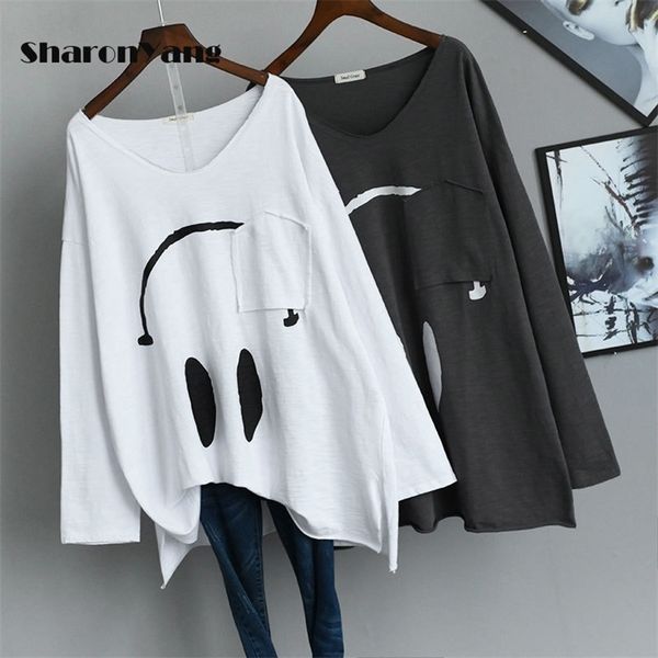 

spring large size loose long sleeve t-shirts woman cotton v-neck casual style t shirt plus base women oversize 220328, White