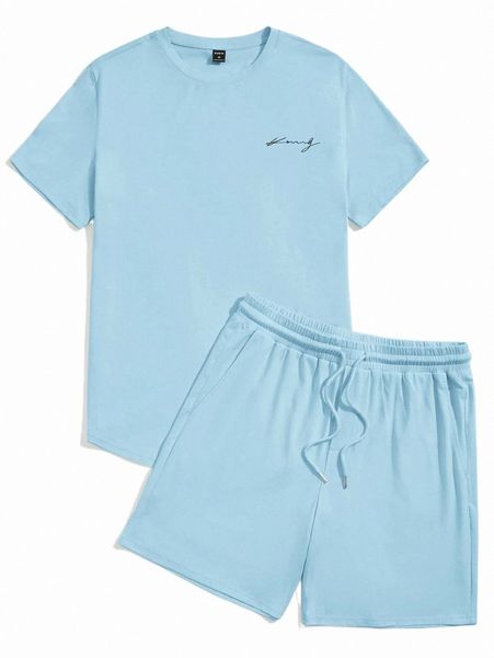 

men letter graphic tee and track shorts set z8ol#, Gray