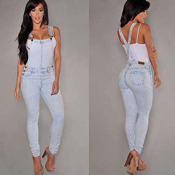 

women slim fit baggy loose jeans denim overalls pants jumpsuit rompers, Blue