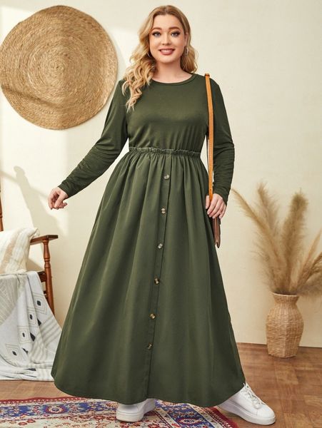 

plus button down frill trim dress s25y#, Black