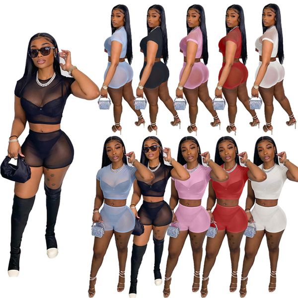 

2022 mesh see through tracksuits for womens solid short sleeve crop and casual shorts nightclub two piece sets ny8085, Gray