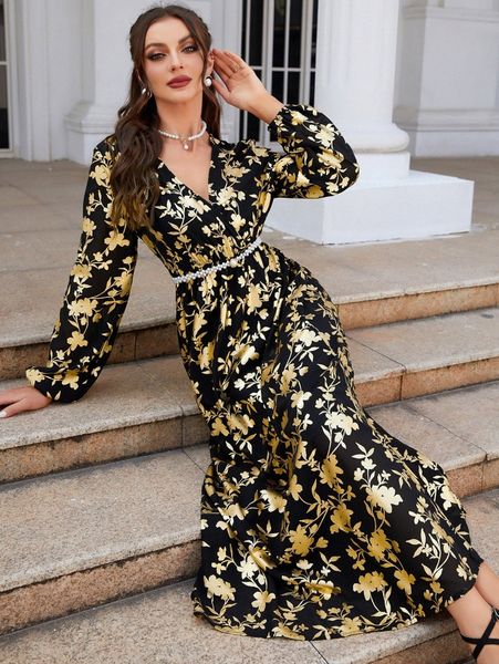 

allover floral print bishop sleeve dress without belt p114#, Black;gray