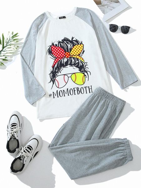 

plus letter & figure graphic raglan sleeve tee & sweatpants u6ht#, Black