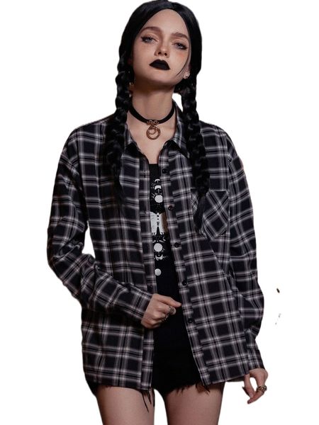 

romwe dark academia plaid button front pocket shirt z8wz#, White