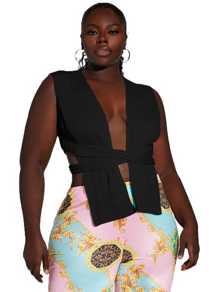 

sxy plus plunging neck crisscross tie back tank v274#, Black