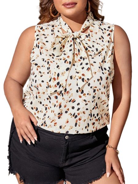 

plus allover print tie neck blouse z13t#, Black