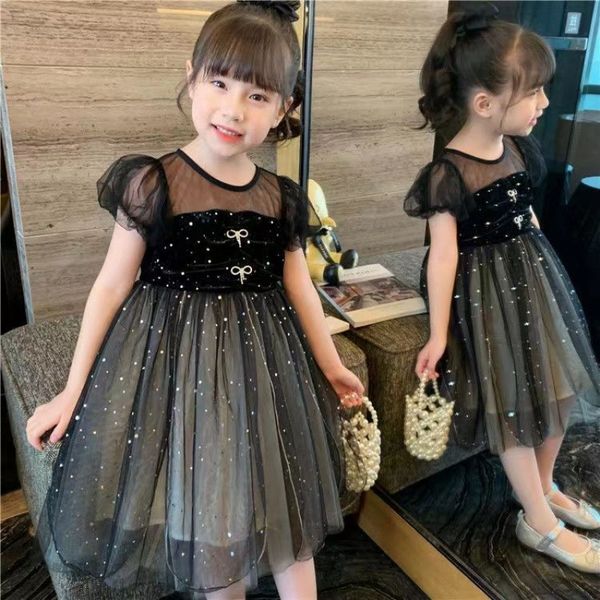 

girls dresses summer children 2022 princess skirt puff sleeve gauze black dress child girl kids rhinestone clothing birthday party 60 38qt h, Red;yellow
