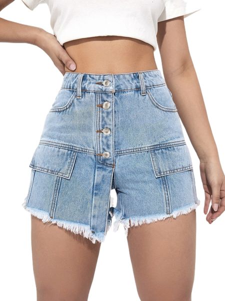 

button fly raw hem flap detail denim shorts v9yx#, White;black
