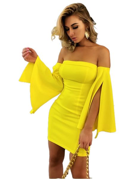 

joyfunear off shoulder split bell sleeve dress o824#, Black;gray