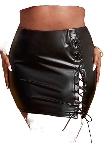 

sxy plus grommet eyelet lace up skirt i1ao#, Black
