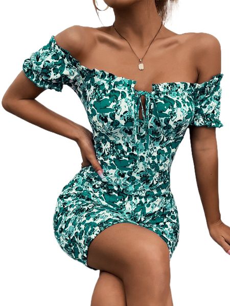 

floral print off shoulder frill trim knot front bodycon dress f2ac#, Black;gray