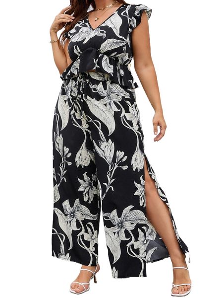 

plus floral print ruffle trim & split thigh wide leg pants r7h1#, Black