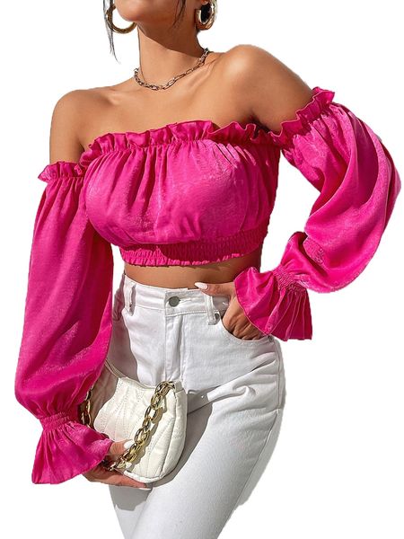 

off shoulder frill trim flounce sleeve crop blouse j9g6#, White