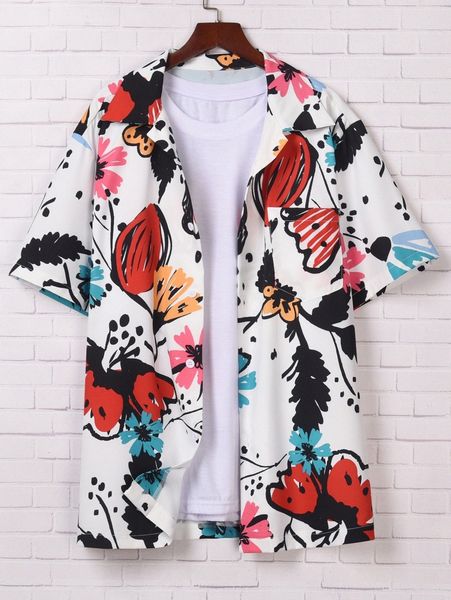

romwe guys allover floral print shirt without tee d12c#, White;black