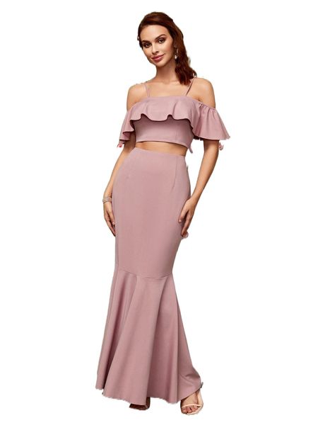 

r.uffle trim c.old s.houlder t.ee & mermaid s.kirt g66k#, White