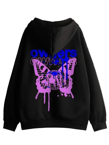 

letter & butterfly print kangaroo pocket drawstring thermal hoodie x25w#, Black