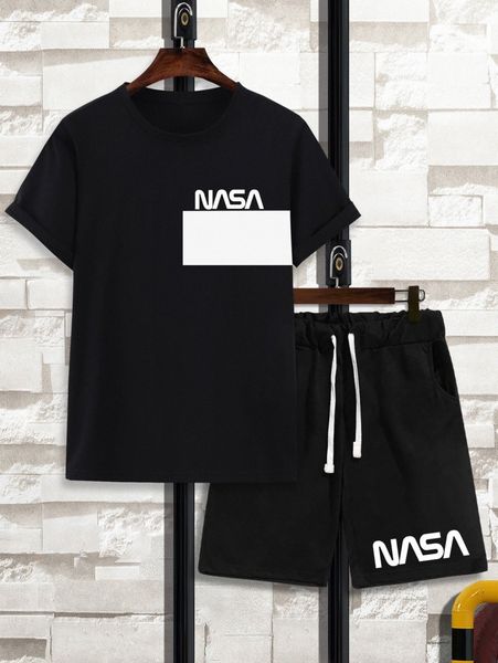 

men letter graphic contrast panel tee & drawstring waist track shorts y7lg#, Gray