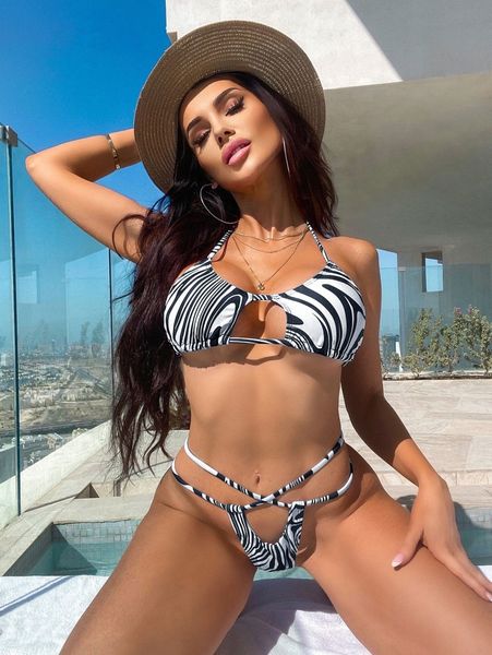 

zebra stripe halter bikini swimsuit 44wv#, White;black