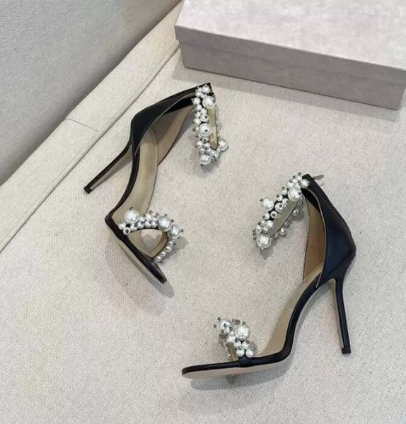 

heels brand sandals sky-high heel for women pumps maisel stiletto summer luxury designer shoes beading pearl satin strap party heeled factor, Black