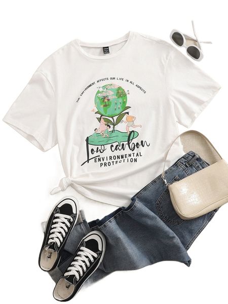 

figure & slogan graphic drop shoulder tee f7ad#, White