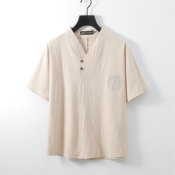 

linen shirts men summer casual cotton short sleeve oversize big size large 9xl 8xl plus 7xl 6xl v neck male chinese 220617, White;black