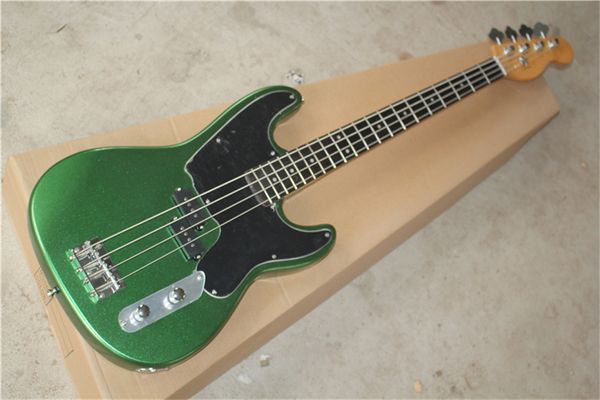 

wholesale direct metal green 4 strings electric bass guitar with black pickguard,chrome hardwares,maple neck,can be customized
