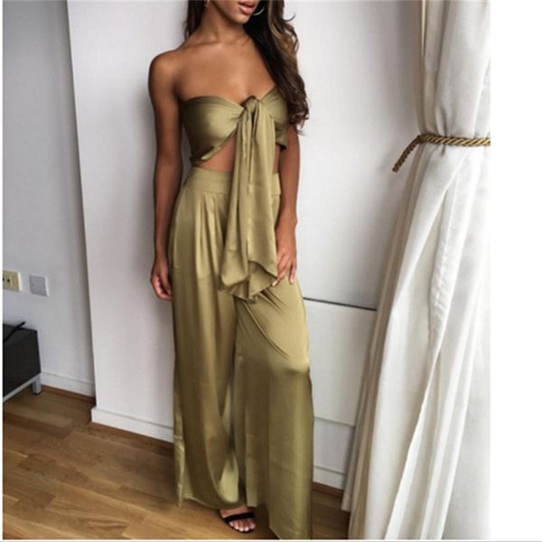 

missord 2020 solid color bow tie strapless off the shoulder satin women set lj201117, White