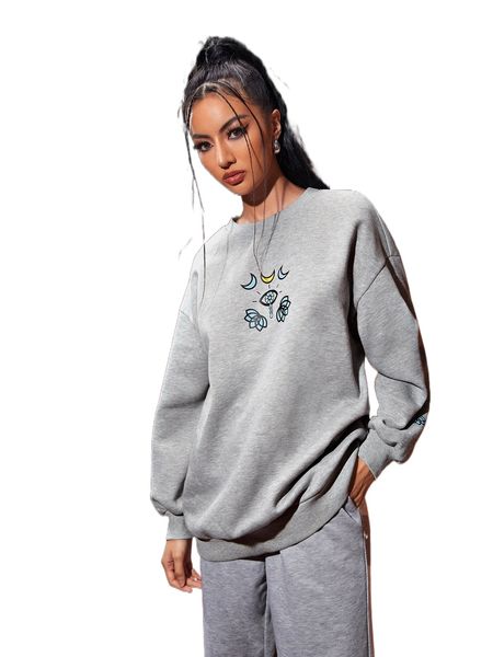 

x ericarivera drop shoulder floral & moon print pullover k4ic#, Black