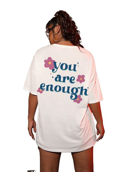 

plus floral & slogan graphic drop shoulder tee w1i7#, Black