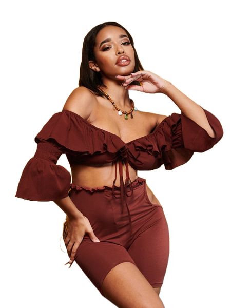 

sxy off shoulder ruffle trim flounce sleeve tie front crop a9nv#, White