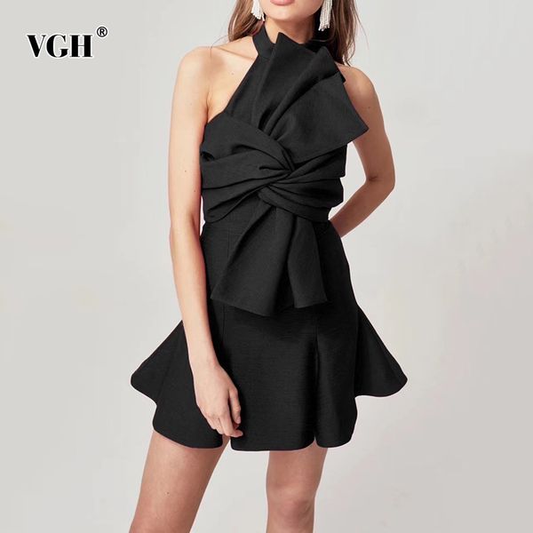 

black party dresses female halter neck sleeveless asymmteirc patchwork bowknot high waist ruffles mini 210507, Black;gray